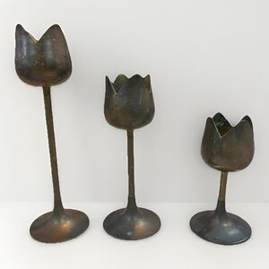 Vintage Mid-Century Solid Brass Tulip Stem Flower Shape Candle Holders Set Of 3